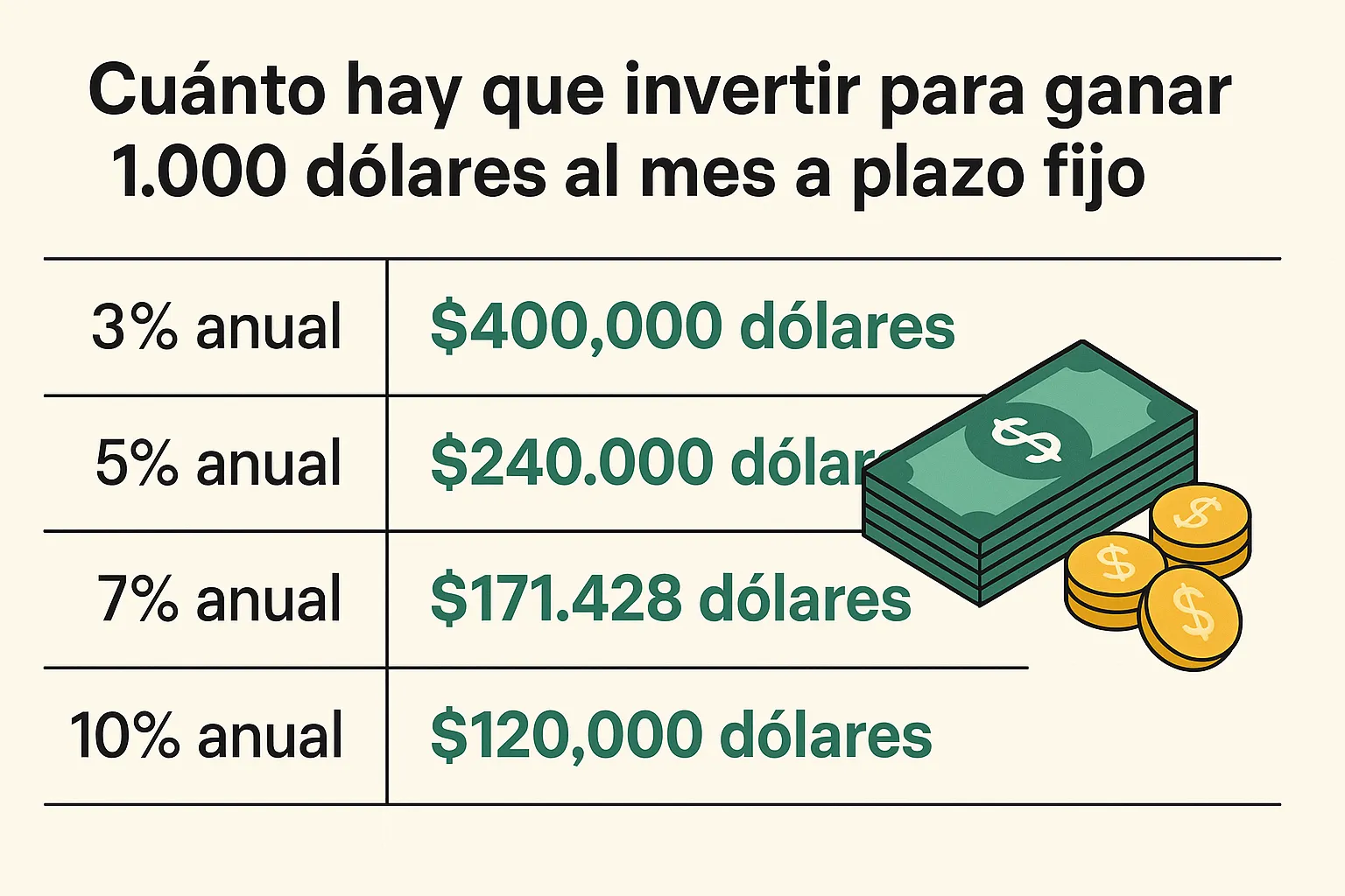 Cuánto hay que invertir para ganar 1.000 dólares al mes a plazo fijo