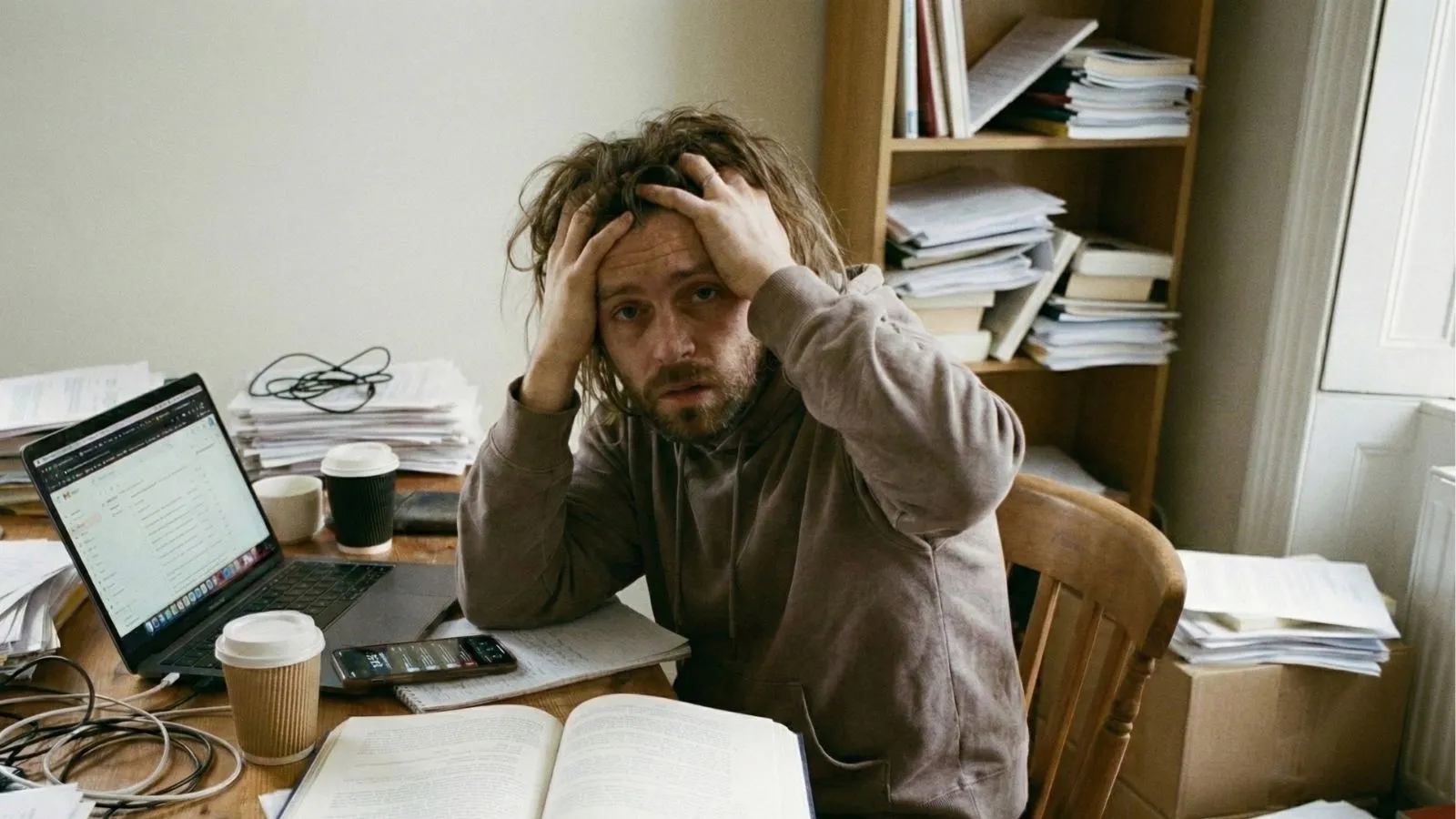 Persona abrumada por estrés mental y exceso de tareas