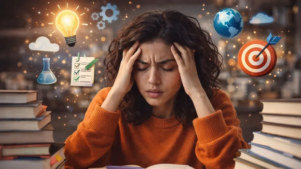 Mujer abrumada con estrés por demasiadas responsabilidades