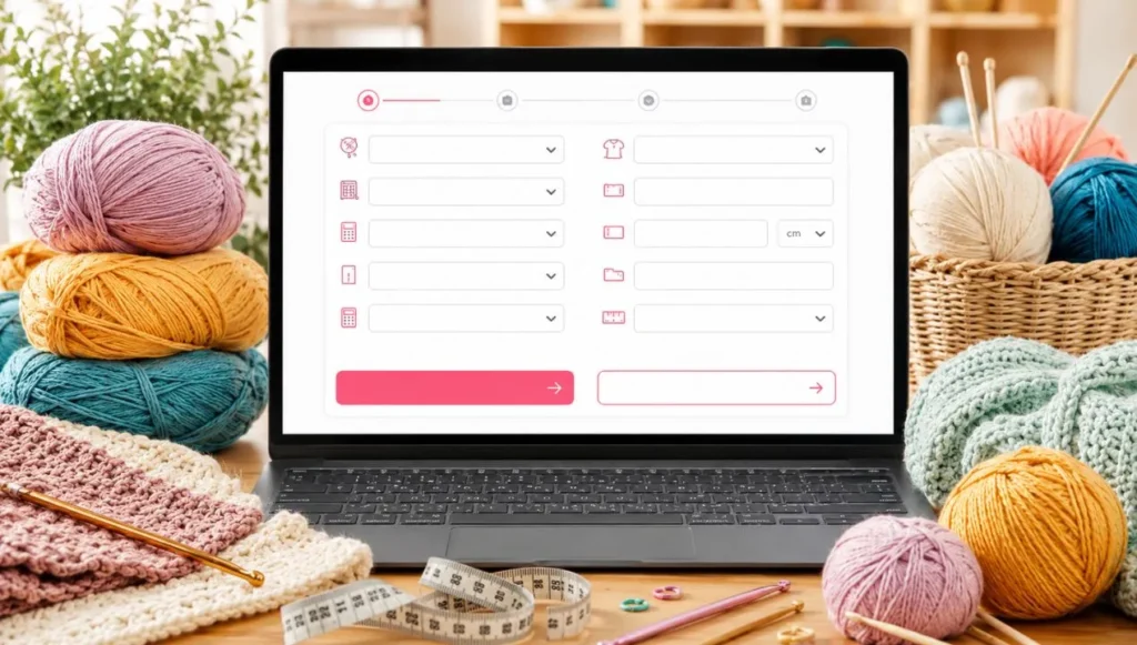 Calculadora de ovillos en línea visible en una laptop, rodeada de lana, agujas, crochet y cinta métrica para calcular cuánta lana comprar.